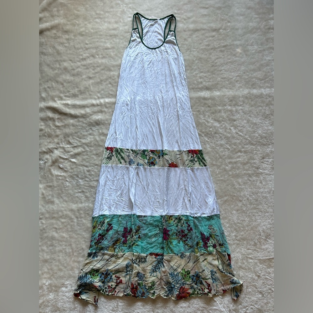 Language White Maxi Dress with Green Trim and Floral Panels